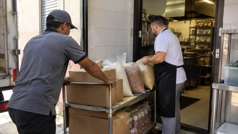 Entrega de insumos na porta da cozinha de um restaurante